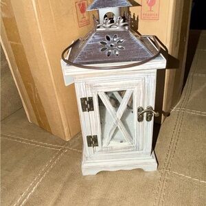 Rustic White Wooden Lantern with Metal Top